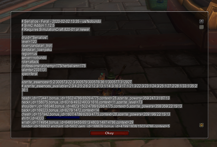 The in-game SimulationCraft /simc export window showing a character profile as copyable text, with an Okay button
